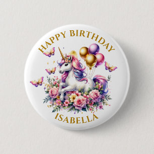 Macaron Rond 5 Cm Joyeux Anniversaire Licorne Rose, Violet et Or 