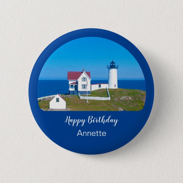 Macaron Rond 5 Cm Joyeux Anniversaire Nubble Phare (Devant)