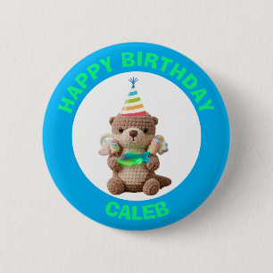 Macaron Rond 5 Cm Joyeux Anniversaire Ours en peluche bleu et vert