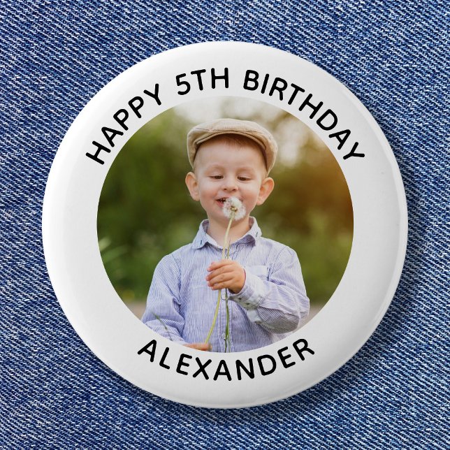 Macaron Rond 5 Cm Joyeux Anniversaire photo blanche (Happy Birthday Round Photo White Button)