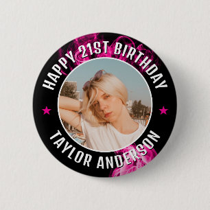 Macaron Rond 5 Cm Joyeux Anniversaire Photo Personnalisée Effet Rose