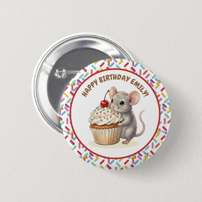 Macaron Rond 5 Cm Joyeux Anniversaire Souris Personnalisée & Photo d (Devant & derrière)