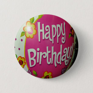 Macaron Rond 5 Cm Joyeux Balloon d'Anniversaire avec Fleurs, Concept