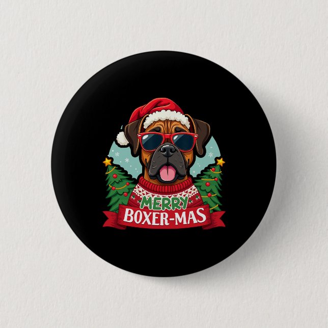 Macaron Rond 5 Cm Joyeux Boxer-mas Jote Boxer Chien Noël (Devant)