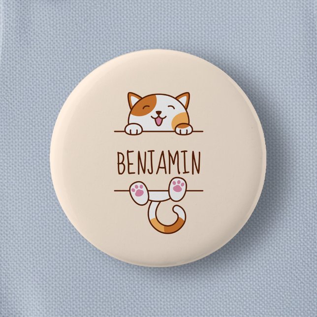 Macaron Rond 5 Cm Joyeux Calico Cat Pékin derrière Nom personnalisé (Créateur téléchargé)
