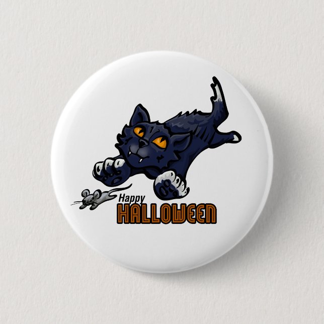 Macaron Rond 5 Cm Joyeux chat d'Halloween Chasing souris (Devant)