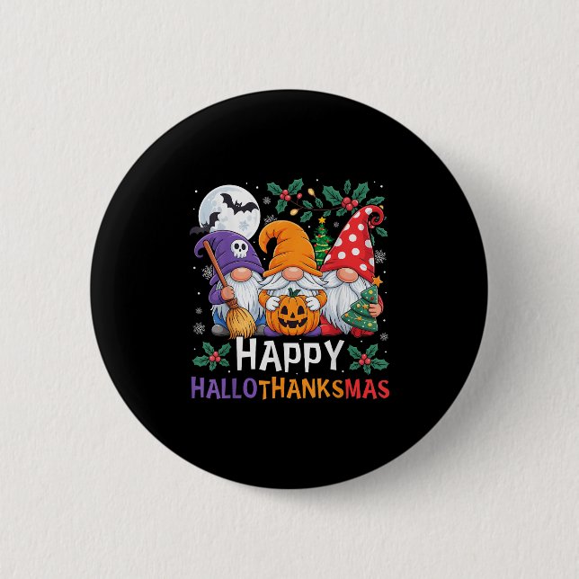 Macaron Rond 5 Cm Joyeux Hallothanksmas Gnomes Halloween Thanksgivin (Devant)