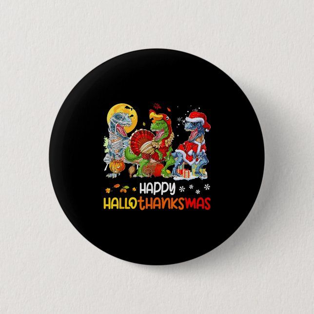 Macaron Rond 5 Cm Joyeux Hallothanksmas Thanksgiving Dinosaur T Rex  (Devant)