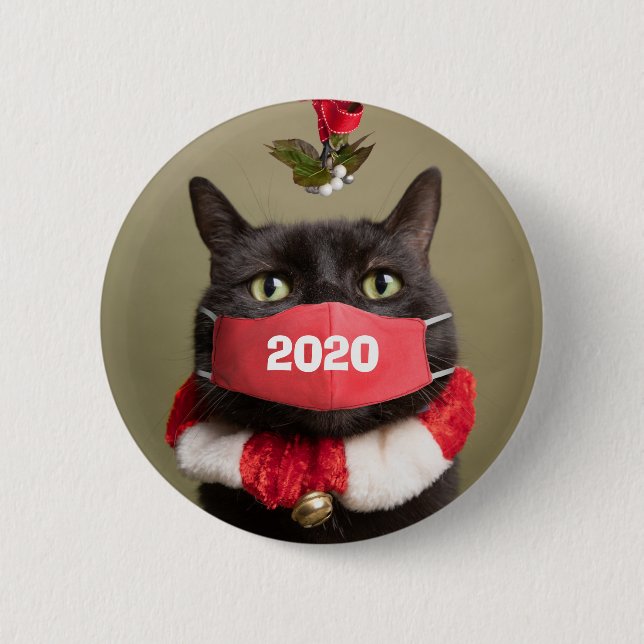 Macaron Rond 5 Cm Joyeux Noël 2020 Chat en Masque Visage Covid (Devant)