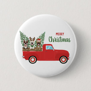 Macaron Rond 5 Cm Joyeux Noël Bouledogues Français Camionnette Rouge