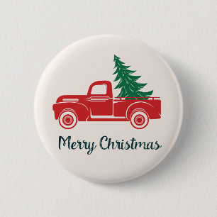 Macaron Rond 5 Cm Joyeux Noël Camion Vintage de collecte rouge