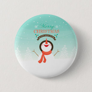 Macaron Rond 5 Cm Joyeux Noël et Nouvel An bleu blanc bonhomme de ne