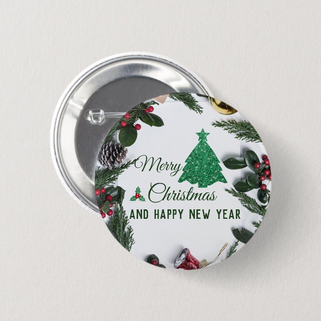 Macaron Rond 5 Cm Joyeux Noël - parties scintillant verte (Devant & derrière)