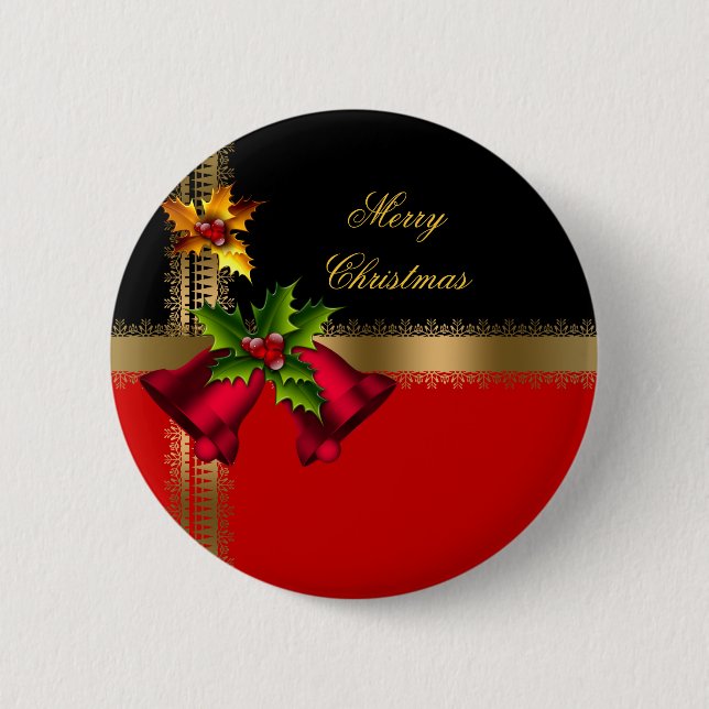 Macaron Rond 5 Cm Joyeux Noël Vacances Red Bells Black Gold (Devant)