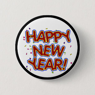 Macaron Rond 5 Cm Joyeux Nouvel An - Joyeux Texte Rouge Avec Confett