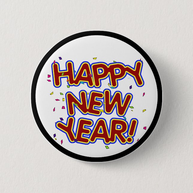 Macaron Rond 5 Cm Joyeux Nouvel An - Joyeux Texte Rouge Avec Confett (Devant)