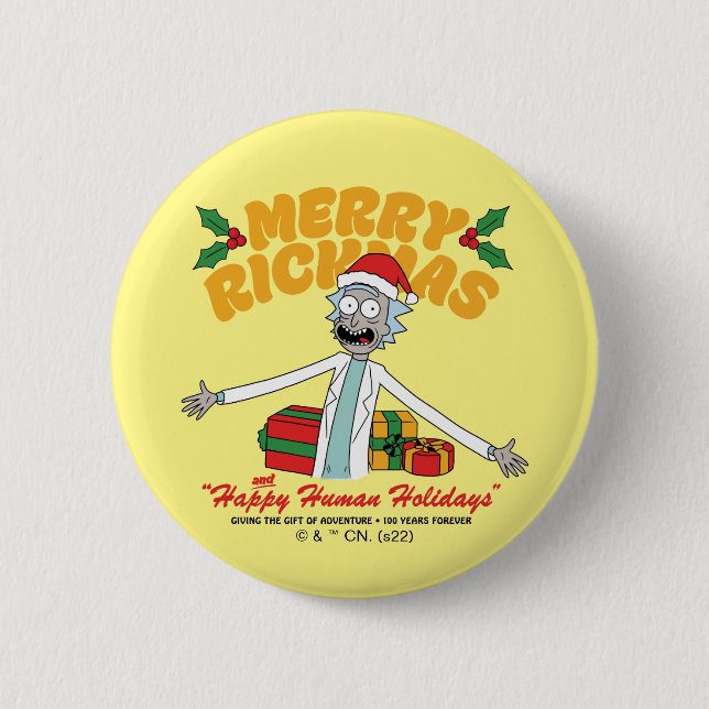 Macaron Rond 5 Cm Joyeux Rickmas et Joyeuses Fêtes Humaines (Devant)