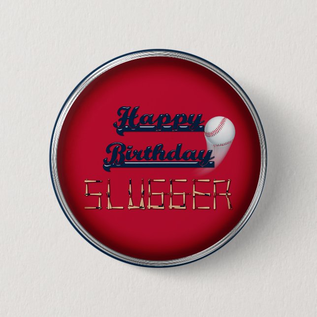 Macaron Rond 5 Cm Joyeux Slugger d'anniversaire Red-Baseball-BUTTON  (Devant)