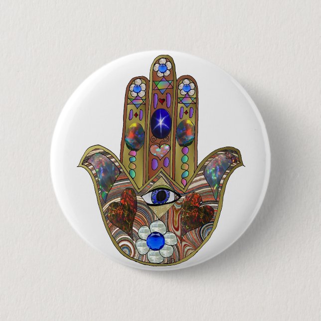 Macaron Rond 5 Cm Judaica Hamsa Coeurs Fleurs Opal Art Imprimer (Devant)