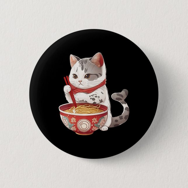 Macaron Rond 5 Cm Kawaii Ne Ko Chat Manger Ramen Noodles Nourriture  (Devant)