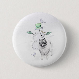 Macaron Rond 5 Cm Keeshond Noël Snowman Peinture Chien Art