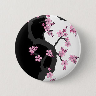 Macaron Rond 5 Cm Kimono japonais Sakura noir et blanc