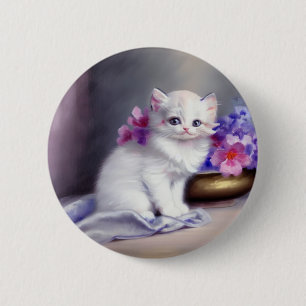 Macaron Rond 5 Cm Kitten blanc vintage aux fleurs roses et violettes
