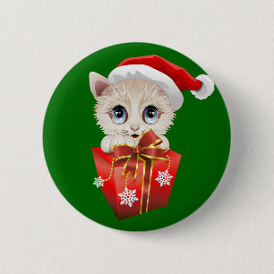 Macaron Rond 5 Cm Kitten Noël Père Noël avec cadeau