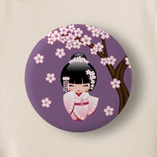 Macaron Rond 5 Cm Kokeshi Doll en kimono rose sur fond violet