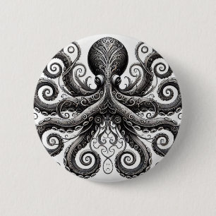 Macaron Rond 5 Cm Kraken Steampunk Octopus Ornate Black