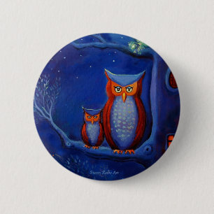 Macaron Rond 5 Cm "La forêt la nuit : " Bouton d'art de hibou