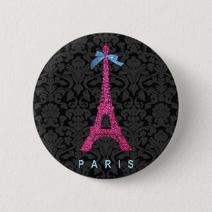 Macaron Rond 5 Cm La tour Eiffel rose-chaud en faux parties scintill