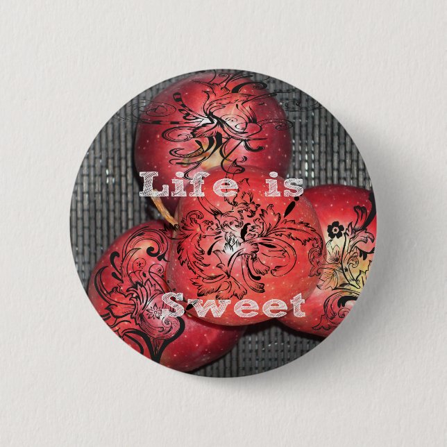 Macaron Rond 5 Cm La vie est douce : Apple et Floral Motif Design (Devant)