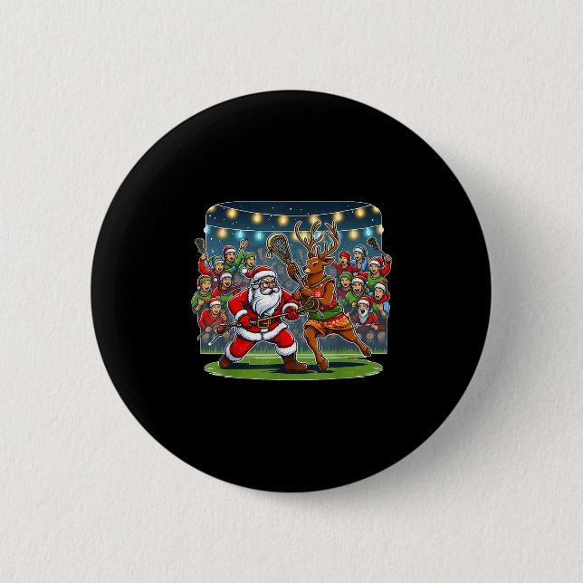 Macaron Rond 5 Cm Lacrosse Player Christmas Santa Reindeer Playing L (Devant)
