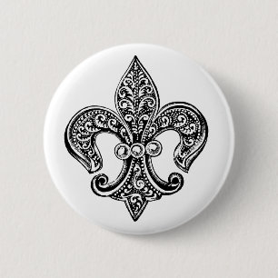 Macaron Rond 5 Cm Lacy Fleur De Lis noir et blanc vintage