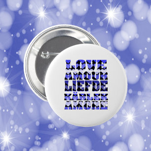 Macaron Rond 5 Cm L'amour dans plusieurs langues Coeurs Bleus