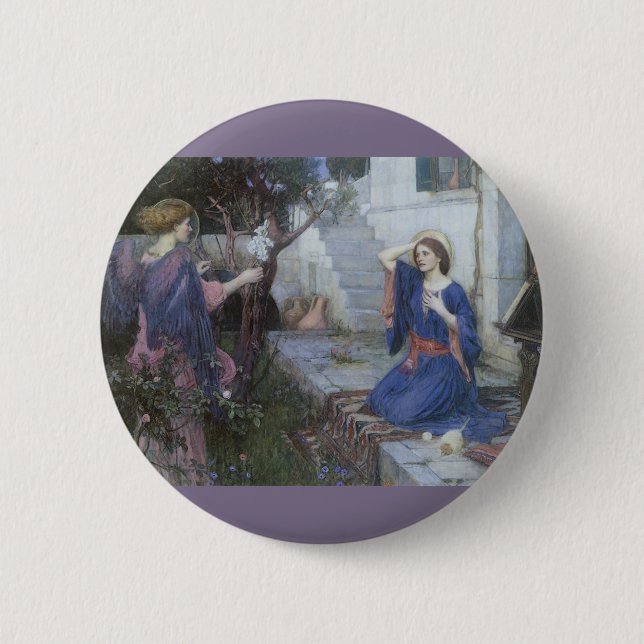 Macaron Rond 5 Cm L'Annonciation par John William Waterhouse (Devant)