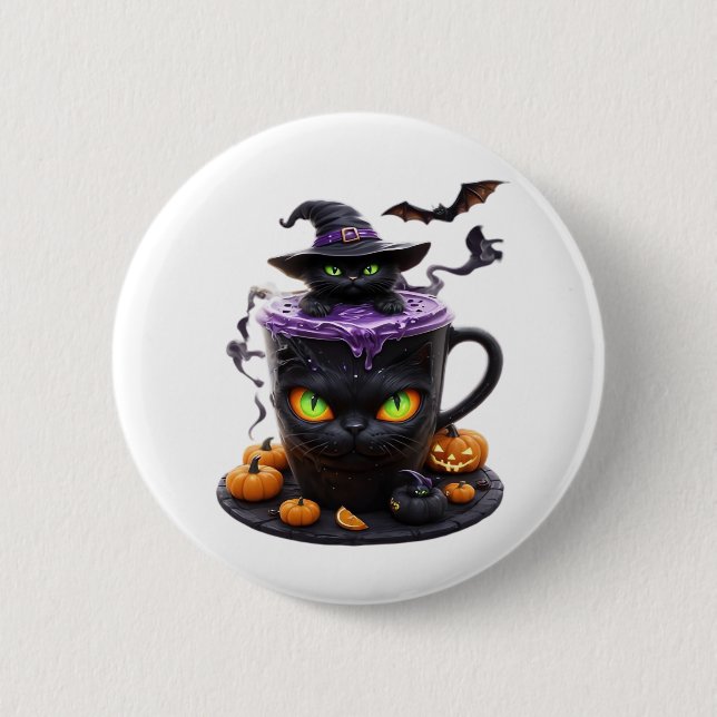 Macaron Rond 5 Cm Latte d'Halloween Chat Sorcière - Café Déplaisant  (Devant)