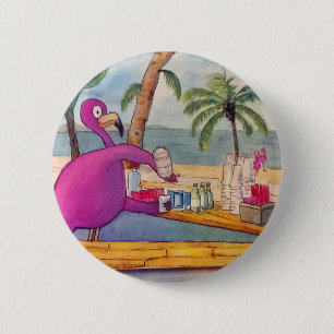 Macaron Rond 5 Cm Le Flamant rose rose lunatique verse la plage de