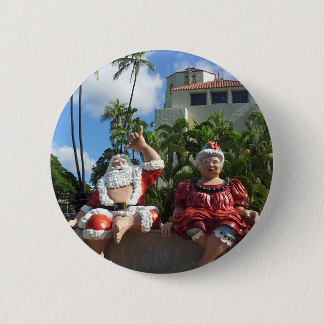 Macaron Rond 5 Cm Le Père Noël à Hawaii (Devant)