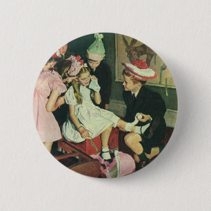 Macaron Rond 5 Cm Les enfants vintages jouent à la queue sur l'âne