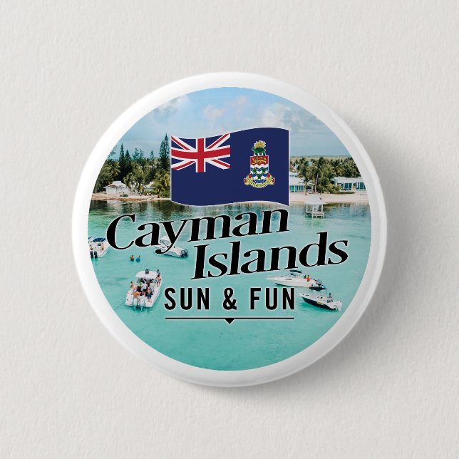 Macaron Rond 5 Cm "Les Îles Caïmans Soleil & Amusement" Avec Drapeau (Devant)