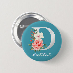 Macaron Rond 5 Cm Lettre D Floral Monogramme blanc métallique