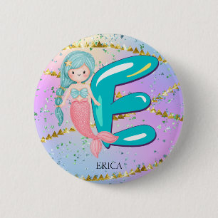Macaron Rond 5 Cm Lettre E Monogramme Aquarelle mignonne Sirène