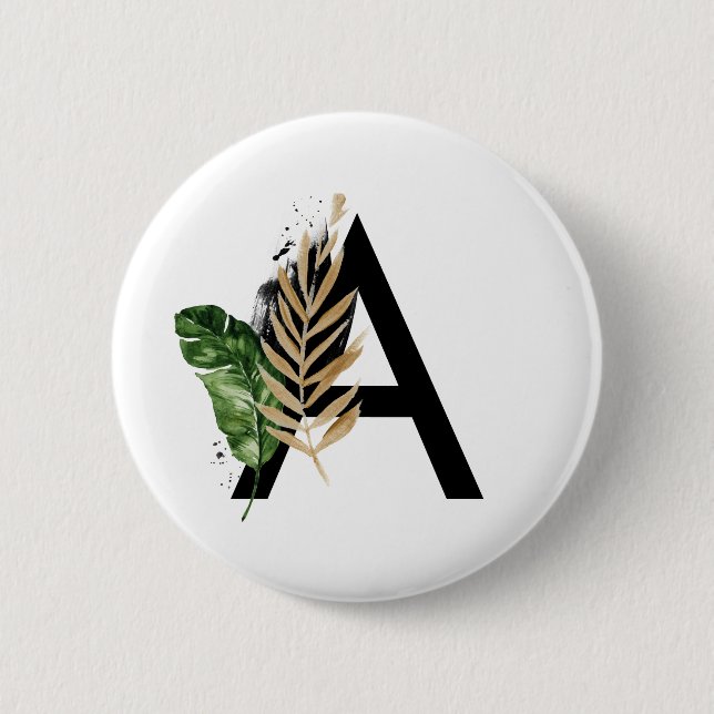 Macaron Rond 5 Cm LETTRE Feuille Tropicale Faux Gold Foil A Monogram (Devant)