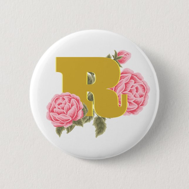 Macaron Rond 5 Cm Lettre initiale du Rose floral Monogramme Nom Coup (Devant)