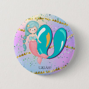 Macaron Rond 5 Cm Lettre U Monogram Aquarelle mignonne Sirène