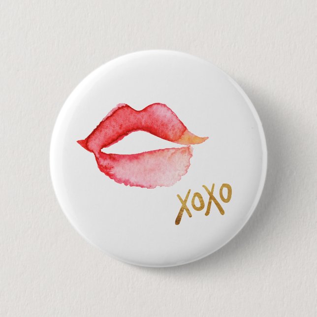 Macaron Rond 5 Cm Lèvres et feuille d'or XOXO d'aquarelle (Devant)