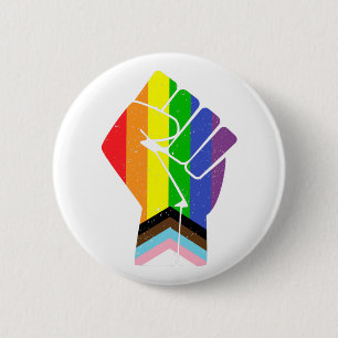 Macaron Rond 5 Cm LGBT Pride (Progrès) Drapeau avec poing levé