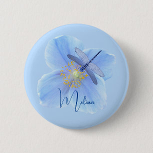 Macaron Rond 5 Cm Libellule sur bouton de Pavot Bleu